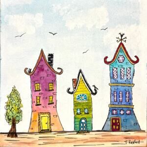 Hand painted watercolor original painting whimsical houses